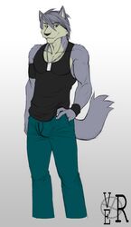 2013 anthro armband athletic biceps biped black_nose bottomwear bulge canid canine canis claws clothed clothing denim denim_bottomwear denim_clothing dog_tags domestic_dog fully_clothed fur grey_body grey_fur grey_hair grin hair hi_res husky jeans jewelry kouya_(morenatsu) looking_at_viewer male mammal morenatsu muscular muscular_anthro necklace nordic_sled_dog pants pecs pose shirt simple_background smile solo spitz standing tank_top topwear vrart1 wristband yellow_eyes