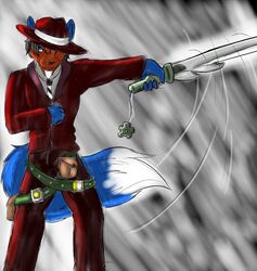 alternative_fashion anthro belt canid canine canis clothed clothing cog digital_media_(artwork) fully_clothed furgonomics hat headgear headwear makarimorph male mammal melee_weapon mobster necktie outside pouches raining solo steampunk suit sword weapon wolf