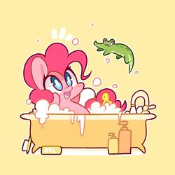 1:1 alligator alligatorid bath bathtub blue_eyes chibi claw_foot_bathtub crocodilian duo earth_pony equid equine female feral friendship_is_magic fur gummy_(mlp) hair hasbro horse long_hair mackinn7 male mammal my_little_pony open_mouth pink_body pink_fur pink_hair pinkie_pie_(mlp) pony purple_eyes reptile rubber_duck scalie scrub_brush simple_background slightly_chubby smile tongue water