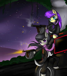 absurd_res black_hair blue_eyes car clothing cyanaeolin duo earth_pony equid equine fan_character female friendship_is_magic fur grey_body grey_fur gun hair hasbro hi_res horse long_hair mammal multicolored_hair my_little_pony necktie night octavia_(mlp) open_mouth outside pony purple_hair ranged_weapon smile smoke submachine_gun suit thompson_gun two_tone_hair vehicle weapon yellow_body yellow_fur