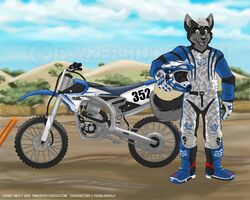 2013 5:4 anthro armor biped black_nose boots bottomwear canid canine canis clothed clothing cloud dipstick_ears dirt_bike ear_markings footwear fox_racing front_view fully_clothed fur gloves green_eyes grey_body grey_fur grey_hair hair handwear headgear helmet hill holding_object lenny_mutt looking_at_viewer male mammal motocross motorcycle motorcycle_helmet multicolored_ears open_mouth open_smile pants plant short_hair sky smile solo sport standing tree vehicle watermark wolf