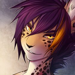 1:1 2013 amber_eyes ambiguous_gender anthro cheetah dagger_leonelli ear_piercing felid feline hair icon looking_at_viewer low_res mammal piercing purple_hair reyne solo