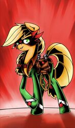 2013 applejack_(mlp) blonde_hair clothed clothing costume cutie_mark earth_pony equid equine europamaxima female feral friendship_is_magic green_eyes hair hasbro hi_res horse mammal mask mistress_mare-velous_(mlp) my_little_pony pony power_ponies_(mlp) solo standing whip