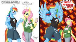 2013 angel_(mlp) anthro anthrofied bad_joke blue_body blue_eyes blue_feathers blue_fur brush clothing dialogue ellipsis english_text equid equine feathered_wings feathers female fluttershy_(mlp) friendship_is_magic fur group gun hair handgun hasbro humor joke lagomorph leporid mammal multicolored_hair muscular my_little_pony mythological_creature mythological_equine mythology omny87 pegasus pink_hair purple_eyes rabbit rainbow_dash_(mlp) rainbow_hair ranged_weapon revolver text unimpressed weapon wings yellow_body yellow_feathers