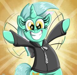 amber_eyes clothing cutie_mark daniel-sg equid equine female feral friendship_is_magic fur gesture green_body green_fur hair hasbro hoodie horn long_hair looking_at_viewer lyra_heartstrings_(mlp) mammal multicolored_hair my_little_pony mythological_creature mythological_equine mythology open_mouth smile solo standing teeth topwear two_tone_hair unicorn waving yellow_eyes