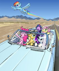 2013 absurd_res applejack_(mlp) blonde_hair blue_body blue_eyes blue_eyeshadow blue_feathers blue_fur car clothing convertible cowboy_hat cutie_mark desert driving earth_pony equid equine eyeshadow feathered_wings feathers female feral fluttershy_(mlp) flying friendship_is_magic fur green_eyes group hair hasbro hat headgear headwear hi_res horn horse inside_car makeup mammal motor_vehicle mountain multicolored_hair my_little_pony mythological_creature mythological_equine mythology outside pegasus pinkie_pie_(mlp) pony purple_body purple_eyes purple_fur purple_hair rainbow rainbow_dash_(mlp) rainbow_hair rarity_(mlp) road twilight_sparkle_(mlp) two_tone_hair unicorn vehicle vombavr wings yellow_body yellow_feathers