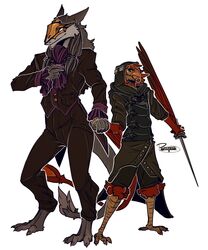 ambiguous_gender anthro arkane_studios assassin avian ballroom bird charm_(disambiguation) clothed clothing costume dishonored duo feathers fully_clothed hand_holding hoodmask male mammal melee_weapon microsoft nevrea nevrean rakas relationship ren_(burned_out) romantic romantic_couple sergal size_difference suit sword tail tanks_(artist) weapon