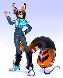 alternative_fashion black_hair blue_eyes crux female fur hair luckypan orange_body orange_fur solo tail tail_mouth tailmouth_(species) unusual_anatomy unusual_tail