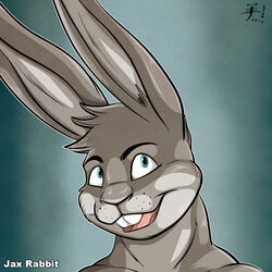 1:1 2012 aaron_(artist) anthro blue_eyes buckteeth bust_portrait digital_media_(artwork) fur gradient_background grey_body grey_fur jax_rabbit lagomorph leporid male mammal muscular muscular_anthro muscular_male portrait rabbit simple_background smile solo teeth