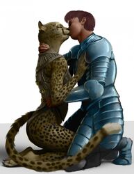 armor brown_hair bruce_(hattonslayden) buckle cheetah claws closed_eyes duo felid feline female fur hair hattonslayden hi_res human interspecies kissing kneeling kota_(hattonslayden) male male/female mammal spots toe_claws yellow_body yellow_fur