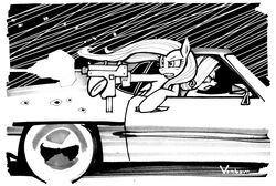 2013 9mm absurd_res black_and_white bullet_hole car drive-by driving duo equid equine feathered_wings feathers female feral fluttershy_(mlp) friendship_is_magic gun gun_flash hasbro hi_res holding_gun holding_object holding_ranged_weapon holding_submachine_gun holding_weapon horn inside_car mac-10 mammal monochrome my_little_pony mythological_creature mythological_equine mythology pegasus ranged_weapon rarity_(mlp) shell_(projectile) submachine_gun unicorn vehicle vombavr weapon wings