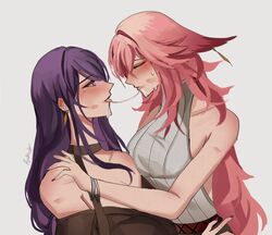  2girls absurdres after_kiss animal_ears blush closed_eyes ear_blush genshin_impact hand_on_another&#039;s_shoulder highres long_hair mole mole_under_eye multiple_girls parted_lips pink_hair purple_eyes purple_hair raiden_shogun rudang saliva saliva_trail signature tongue tongue_out yae_miko yuri 