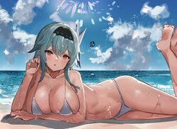  :o alternate_costume bad_id bad_twitter_id barefoot beach bikini black_hairband blue_hair blush breasts cleavage cloud collarbone eula_(genshin_impact) feet female genshin_impact hair_between_eyes hair_ornament hairband highres large_breasts legs legs_up long_hair looking_at_viewer lying ocean on_side on_stomach outdoors sky soles solo stomach sweat swimsuit the_olphy the_pose thighs toes wet yellow_eyes 