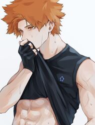  1boy abs aokawa_yoru black_gloves black_tank_top blue_lock commentary_request covered_mouth fingerless_gloves gloves hand_up highres kunigami_rensuke looking_away male_focus orange_eyes orange_hair shirt short_hair simple_background sleeveless sleeveless_shirt solo tank_top tsurime upper_body white_background 