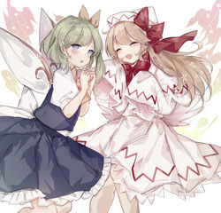  2girls :d blonde_hair blue_dress blue_eyes blush bow bowtie capelet closed_eyes commission daiyousei dress fairy_wings feet_out_of_frame frilled_dress frills green_hair hair_ribbon hat hat_bow lily_white long_hair multiple_girls one_side_up open_mouth pointy_ears puffy_short_sleeves puffy_sleeves red_bow red_bowtie ribbon short_hair short_sleeves simple_background skeb_commission sleeves_past_fingers sleeves_past_wrists smile sorani_(kaeru0768) sparkle swept_bangs touhou white_background white_capelet white_dress white_headwear wings yellow_ribbon 