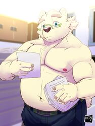  2021 3:4 anthro bear belly blue_eyes bottomwear clothing eyewear glasses hi_res humanoid_hands leib_(tas) lhjal2 lifewonders male mammal moobs navel nipples overweight overweight_anthro overweight_male pants polar_bear smoking solo tokyo_afterschool_summoners ursine 