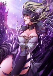  armor armored_boots black_feathers blonde_hair boots breasts cleavage cleavage_cutout closed_mouth clothing_cutout commentary cowboy_shot darkness dated dress english_commentary feathered_wings feathers female gauntlets hair_between_eyes highres kate-fox leg_up long_hair looking_at_viewer looking_to_the_side medium_breasts pauldrons ragnarok_online red_eyes shoulder_armor signature smile solo strapless strapless_dress valkyrie valkyrie_randgris visor_(armor) white_dress wings 