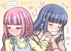  ... 2girls artist_name blush casual commentary_request earrings heart jewelry kissing kissing_hand long_hair long_sleeves looking_away magia_record:_mahou_shoujo_madoka_magica_gaiden mahou_shoujo_madoka_magica multiple_girls nanami_yachiyo nose_blush pink_eyes pink_hair spoken_ellipsis studiozombie sweat tamaki_iroha thought_bubble translated upper_body yuri 