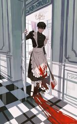  1boy alternate_costume apron axe black_hair blood blood_on_clothes blood_on_face blood_on_shoes blood_trail chandelier checkered_floor crossdressing door enmaided expressionless full_body highres holding holding_axe huh_1222 implied_murder kim_dokja long_sleeves maid maid_apron male_focus omniscient_reader&#039;s_viewpoint opening_door reflection shadow short_hair solo tile_floor tiles window 