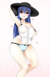  arm_behind_head armpits arms_up black_headwear blue_hair blue_panties blush breasts collarbone commentary_request female gradient_background haseru_(ginku_mh) heart highres hinanawi_tenshi long_hair looking_at_viewer panties red_eyes shirt smile solo touhou underwear white_shirt 