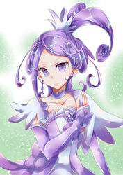  brooch choker cure_sword dokidoki!_precure dress earrings female forehead gradient_background green_background hair_ornament heart heart_brooch high_ponytail highres jewelry kenzaki_makoto long_hair looking_at_viewer paratsumuri ponytail precure purple_arm_warmers purple_choker purple_dress purple_eyes purple_hair purple_skirt purple_sleeves skirt solo spade_(shape) spade_earrings spade_hair_ornament upper_body 