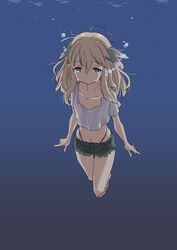  air_bubble barefoot blonde_hair blue_eyes breath bubble collarbone denim denim_shorts female freediving grey_shorts hair_between_eyes holding_breath kantai_collection long_hair navel no_headwear shirt short_sleeves shorts solo swimming tamu_(mad_works) u-511_(kancolle) underwater white_shirt 