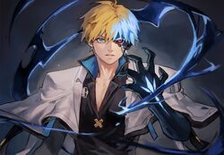  1boy aura black_sclera black_shirt blue_eyes claws collarbone colored_sclera dragon_install glowing glowing_eye guilty_gear guilty_gear_strive hair_between_eyes heterochromia jacket ky_kiske looking_at_viewer male_focus multicolored_hair open_mouth pectoral_cleavage pectorals red_eyes shiny shirt short_hair solo teeth uncle_rabbit_ii upper_body veins white_jacket 