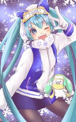  1other aqua_eyes aqua_hair bad_id bad_twitter_id blue_skirt button_eyes buttons coat commentary contrapposto cowboy_shot female gloves goggles hand_up hatsune_miku highres izumi_(izu345) long_hair looking_at_viewer miniskirt one_eye_closed open_mouth owl_ears pantyhose rabbit_yukine ski_gear ski_goggles skirt smile snowflake_print snowflakes snowing twintails very_long_hair vocaloid w white_coat white_gloves yuki_miku yuki_miku_(2016) 