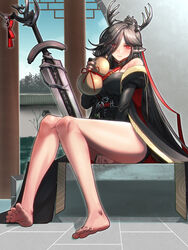  arknights artist_name bare_legs bare_shoulders barefoot belt between_legs black_belt closed_mouth commentary_request dress eyelashes feet female full_body hair_over_one_eye hand_between_legs highres knees_together_feet_apart legs long_sleeves looking_at_viewer nail_polish outdoors paid_reward_available parted_bangs qiubai_(arknights) red_eyes red_ribbon ribbon shadow shiny_skin short_dress signature sitting soles solo strapless strapless_dress sword thighs tile_floor tiles toenail_polish toenails toes weapon yamauchi_(conan-comy) 