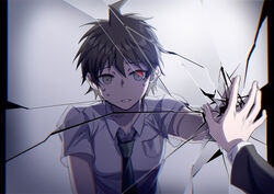  1boy ahoge breast_pocket broken_glass broken_mirror brown_hair collared_shirt commentary danganronpa_(series) danganronpa_2:_goodbye_despair danganronpa_3_(anime) different_reflection foreshortening furrowed_brow glass gradient_background green_necktie grey_background highres hinata_hajime long_sleeves looking_at_viewer male_focus mirror necktie pocket pov red_eyes reflection shirt short_hair short_sleeves tears teeth upper_body white_shirt ziling 