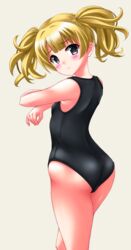  :t armpit_crease ass bare_arms black_eyes black_one-piece_swimsuit blonde_hair blunt_bangs blush closed_mouth commentary_request cowboy_shot female from_behind highres kaze_makase long_hair looking_at_viewer looking_back monika_weisswind one-piece_swimsuit pout princess_connect! school_swimsuit shiny_skin short_twintails shoulder_blades simple_background solo swimsuit twintails wavy_hair white_background 