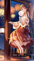  absurdly_long_hair absurdres alternate_hair_length alternate_hairstyle bow brown_eyes brown_hair chinese_clothes chinese_new_year closed_mouth commentary_request female fireworks full_body hair_tubes hairbow hakurei_reimu hanfu highres holding holding_stick jiege lantern light_blush long_hair looking_at_viewer night night_sky no_socks partial_commentary pillar pink_robe pleated_skirt red_footwear robe sidelocks sitting skirt sky smile solo stick touhou very_long_hair 