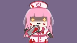  +_+ 3d blood blood_on_clothes blood_on_face blood_splatter blunt_bangs chainsaw chibi commentary english_commentary female full_body hat highres hololive hololive_english long_hair looking_at_viewer mori_calliope nurse nurse_cap official_alternate_costume pink_hair purple_background seafoamboy shaded_face simple_background smile smol_calli standing upper_body veil virtual_youtuber walfie_(style) |_| 