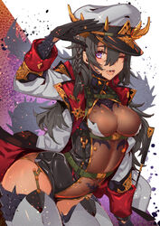  ;d belt black_gloves black_hair braid breasts commentary_request dragon_girl dragon_tail female gloves hair_between_eyes hat long_hair looking_at_viewer military_hat navel oerba_yun_fang one_eye_closed open_mouth original purple_eyes see-through smile solo tail tajima_ryuushi teeth thighhighs tongue whip 