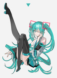  2021 absurdres bare_shoulders black_thighhighs blue_eyes blue_hair boots closed_mouth commentary detached_sleeves female grey_background hair_between_eyes hand_on_own_cheek hand_on_own_face hatsune_miku high_heels highres kitou_saji knee_up leg_up legs long_hair long_legs looking_at_viewer miniskirt number_tattoo one_eye_closed skirt smile tattoo thigh_boots thighhighs twintails v vocaloid 