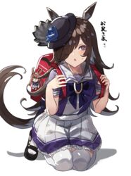  animal_ears backpack bag black_headwear blue_flower blue_rose bow brown_footwear charm_(object) chestnut_mouth commentary female flower hair_over_one_eye highres horse_ears horse_girl horse_tail kneeling loafers long_hair looking_at_viewer mihono_bourbon_(umamusume) on_ground pleated_skirt puffy_short_sleeves puffy_sleeves purple_bow purple_eyes purple_shirt randoseru red_bag rice_shower_(umamusume) rose school_uniform shadow shirt shoes short_sleeves skirt solo summer_uniform tail the_olphy thighhighs tracen_school_uniform translated umamusume white_skirt white_thighhighs 