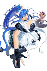  2boys absurdres alternate_costume animal_ears apron bell blue_eyes blue_hair bow breasts cat_ears chibi clark_still dan_koflove female food highres ice_cream jingle_bell leona_heidern maid maid_apron maid_headdress multiple_boys ponytail ralf_jones simple_background snk snk_heroines:_tag_team_frenzy sundae tail the_king_of_fighters 