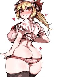  ass black_thighhighs blonde_hair blush bra breasts butt_crack closed_mouth commentary_request cowboy_shot curvy female flandre_scarlet haseru_(ginku_mh) hat hat_ribbon heart large_breasts looking_at_viewer medium_hair mob_cap oerba_yun_fang one_side_up panties pink_bra pink_panties red_eyes red_ribbon ribbon shirt short_sleeves simple_background smile solo thighhighs touhou underwear white_background white_hat white_shirt 