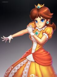  blue_eyes blush breasts brown_hair commentary crown dress earrings english_commentary female flipped_hair flower_earrings frilled_gloves frills gloves hat hybridmink jewelry large_breasts long_hair mario_(series) open_mouth princess_daisy smile solo super_smash_bros. white_gloves 