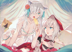  2girls all_fours anastasia_(fate) animal_ear_fluff animal_ears bare_shoulders beads bikini blue_eyes blue_ribbon blush breasts cleavage cloak collarbone curtains doll fate/grand_order fate_(series) flower food hair_flower hair_ornament hair_over_one_eye hair_ribbon hairband hood hood_up hooded_cloak inaeda_kei large_breasts long_hair marie_antoinette_(fate) marie_antoinette_(festival_outfit)_(fate) medium_breasts multiple_girls oerba_yun_fang official_alternate_costume on_bed open_mouth pillow popsicle red_cloak ribbon rose sarong smile swimsuit thighs veil very_long_hair viy_(fate) white_bikini white_hair wolf_ears 