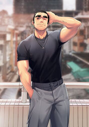  1boy bara black_shirt blush buzz_cut eyebrow_cut facial_hair feet_out_of_frame grey_pants jewelry kashi_kosugi male_focus mature_male muscular muscular_male necklace original pants pectorals shirt short_hair sideburns smile solo stubble thick_eyebrows very_short_hair 