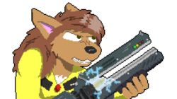  2020 alpha_channel angry anthro auburn_hair bowman&#039;s_wolf brown_body brown_fur canid canine canis clenched_teeth clothed clothing digital_media_(artwork) felix_bardner female florence_ambrose freefall_(webcomic) fur gun hair holding_object holding_weapon mammal pixel_(artwork) railgun ranged_weapon red_wolf simple_background solo teeth transparent_background weapon wolf yellow_clothing 