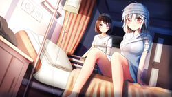  2girls bandaged_head bandages black_hair blush breasts closed_mouth commentary commission cross curtains door dress english_commentary hair_between_eyes hat highres hospital indoors long_hair medium_breasts multiple_girls nurse nurse_cap on_bed original prophosphere purple_eyes red_cross red_eyes short_sleeves sitting sleeveless sleeveless_dress small_breasts smile white_dress white_hair white_headwear 