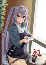  azur_lane birthday_cake cake commission cup dress female food happy_birthday highres holding holding_cup intrepid_(azur_lane) jewelry long_hair looking_at_viewer necklace saucer sitting smodzz998 solo window 