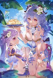  2girls ahoge alternate_costume bare_shoulders beach bell bikini blue_hair blush bow bowtie braid breasts chinese_knot cleavage cone_hair_bun day detached_sleeves drink flower flower_knot ganyu_(genshin_impact) genshin_impact hair_bun hair_flower hair_ornament highres holding holding_tray horns keqing_(genshin_impact) kippeijii long_hair low_ponytail medium_breasts multiple_girls neck_bell prosperous_peace_(genshin_impact) purple_eyes purple_hair qingxin_flower sidelocks sitting smile swimsuit tassel tray vision_(genshin_impact) white_flower 