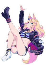  animal_ears arm_up asymmetrical_footwear bandeau bare_legs black_choker black_jacket blonde_hair blue_bow blue_eyes boots bow breasts choker commentary_request cutoffs denim denim_shorts dokozo_no_shirou female gloves gold_city_(umamusume) hairbow high_heel_boots high_heels highres horse_ears horse_girl jacket leg_up long_hair long_sleeves looking_up medium_breasts midriff mismatched_footwear parted_lips shorts simple_background single_glove solo stomach strapless thigh_strap thighs tube_top umamusume white_background white_gloves 