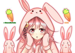  animal animal_hood blush carrot character_name female food hair_between_eyes highres himura_moritaka hood kantai_collection long_hair one-hour_drawing_challenge open_mouth pink_eyes pink_hair rabbit rabbit_hood simple_background solo twitter_username upper_body uzuki_(kancolle) vegetable very_long_hair white_background 