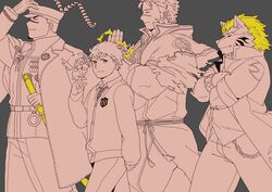  4boys animal_ears bara cupid_(housamo) facial_hair feet_out_of_frame fenrir_(housamo) from_side furry furry_male goatee haishiba_ame highres holding holding_sword holding_weapon jacob_(housamo) long_sideburns looking_at_viewer male_focus mature_male multiple_boys muscular muscular_male pink_theme short_hair sideburns smile spot_color sword tennouji_shin&#039;ya tokyo_afterschool_summoners walking weapon wolf_boy wolf_ears yoritomo_(housamo) 