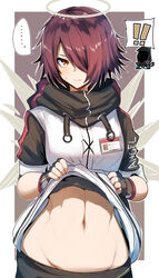  ! !! ... 1other arknights clothes_writing doctor_(arknights) exusiai_(arknights) female gin_moku groin halo highres id_card jacket looking_at_viewer midriff navel red_eyes red_hair short_hair short_sleeves spoken_ellipsis stomach upper_body white_jacket 