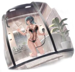  against_glass azur_lane bare_shoulders bathroom bathtub black_choker black_one-piece_swimsuit breast_press breasts breasts_on_glass casual_one-piece_swimsuit choker collarbone dead_or_alive dead_or_alive_6 dead_or_alive_xtreme doormat female glass_door glass_writing heart highres holding holding_shower_head kneeling large_breasts long_hair looking_at_viewer mirror multicolored_hair navel non-web_source official_alternate_costume official_art one-piece_swimsuit plant ponytail potted_plant shower_head skindentation soap_bottle solo streaked_hair swimsuit tamaki_(doa) tamaki_(venus_shower_time)_(doa) thighs transparent_background water window_blinds 